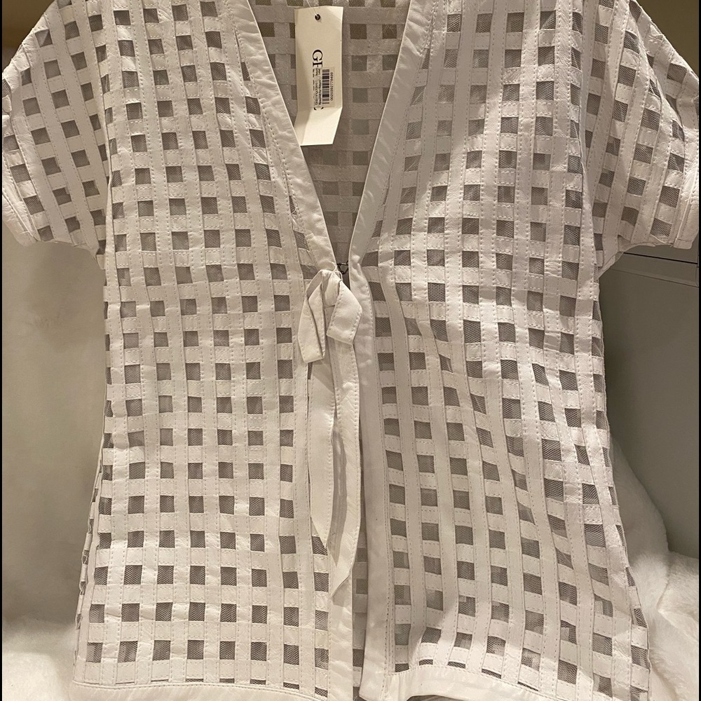 Designer Grayse one of a kind leather and mesh short sleeve top xs